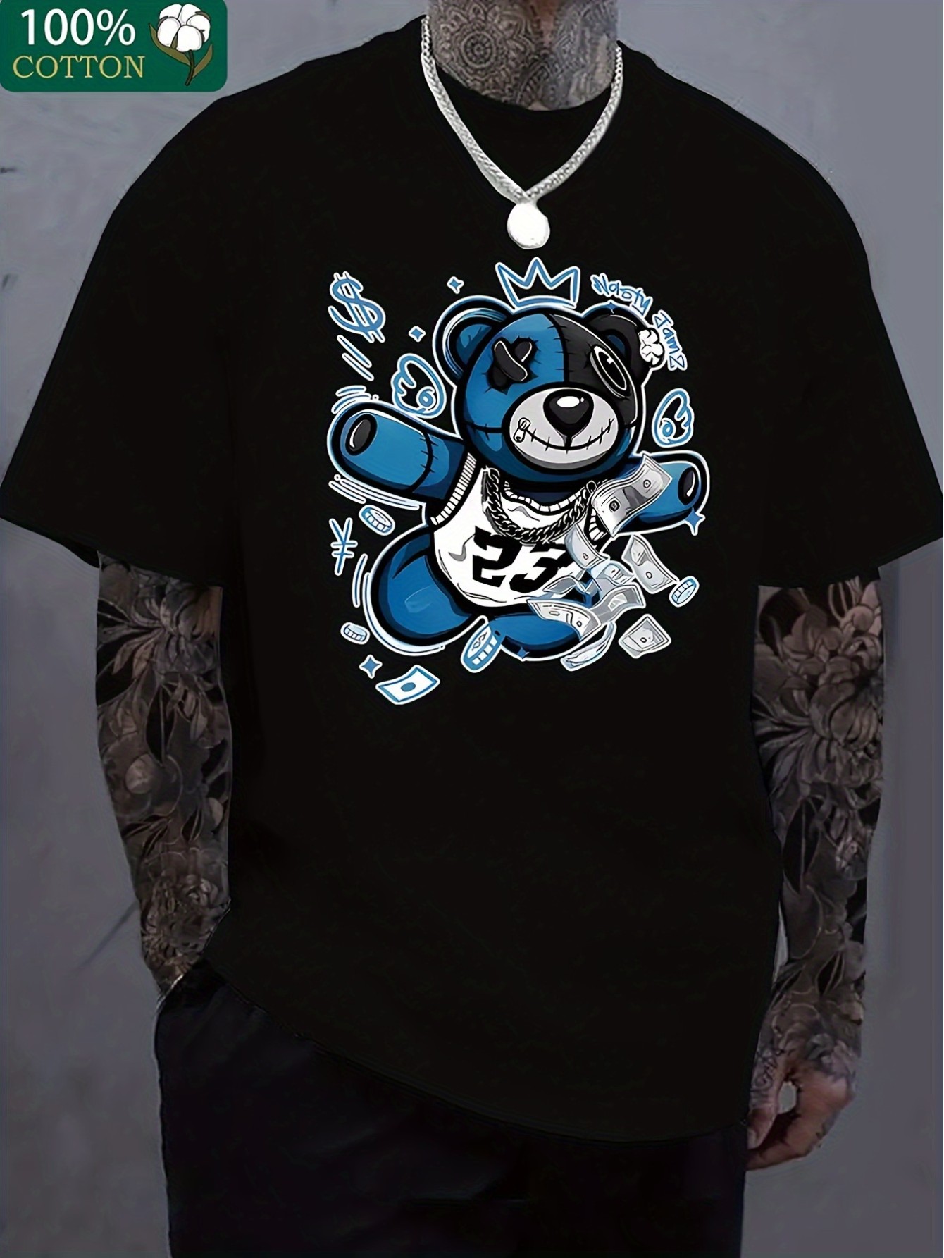 thumbnail image 2 of [Bear And Money Fly T-shirt] Premium Bear And Money Fly Pattern Print T-shirt - Men's Fashionable Casual Thick Pure Cotton Short Sleeved Round Neck, 2 of 7