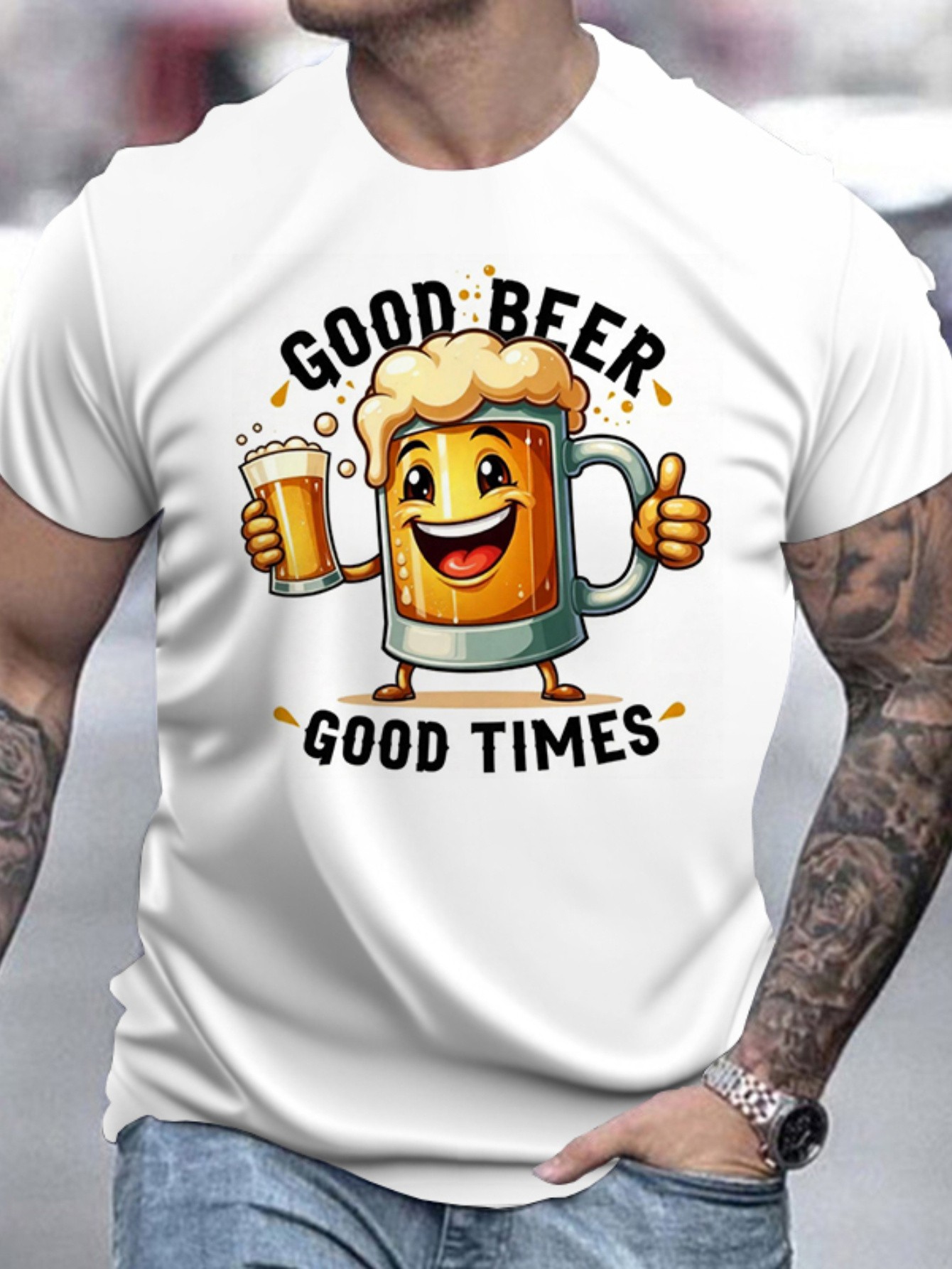 Men'S Casual Crew Neck T-Shirt with "Good Beer Good Times" Cartoon Print, Slight Stretch, Regular Fit, Summer Top