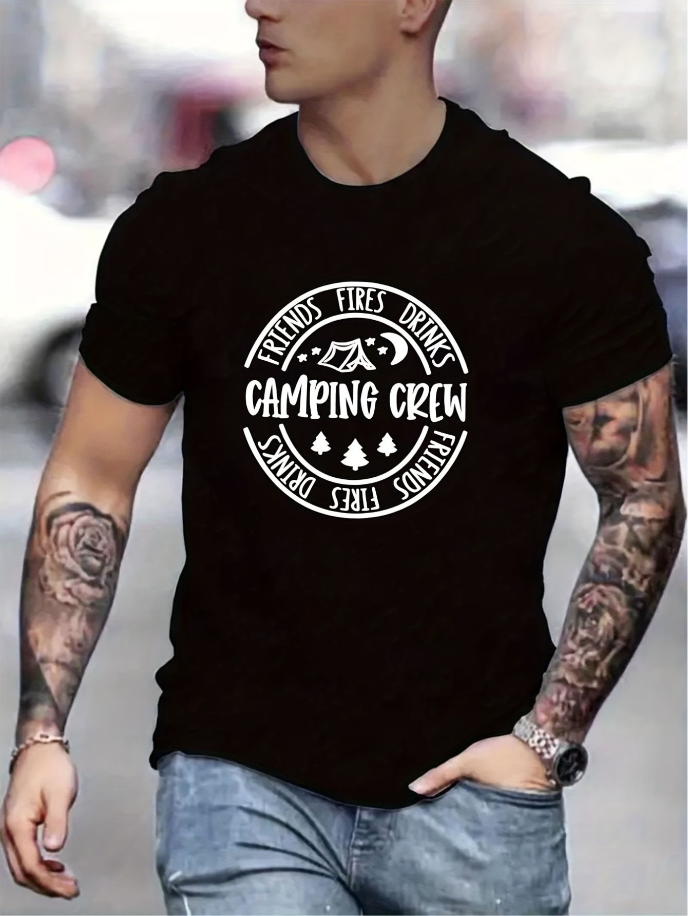Camping Crew Print T Shirt, Tees For Men, Casual Short Sleeve T-shirt For Summer