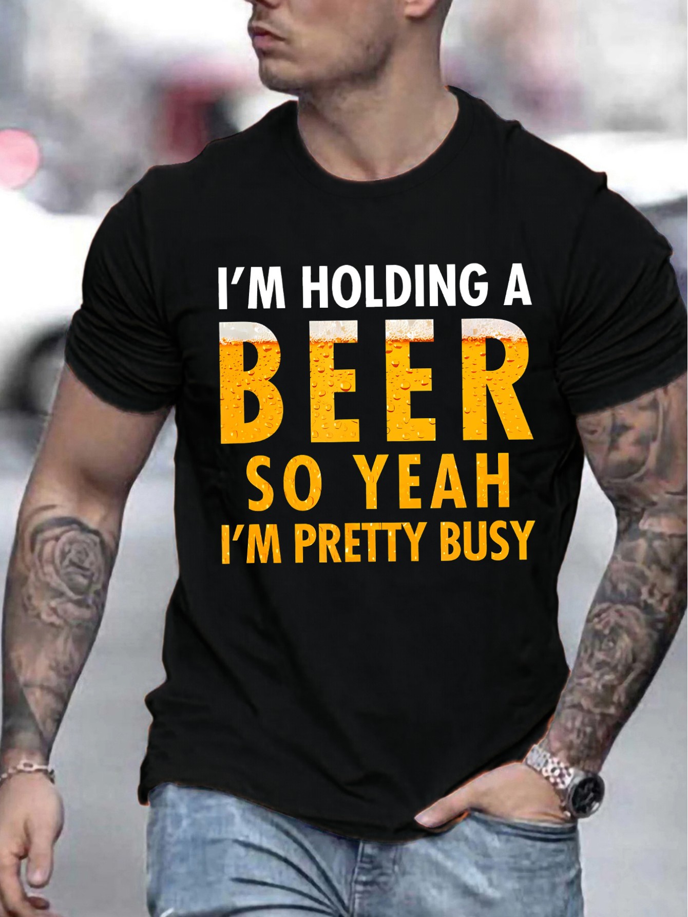 thumbnail image 1 of Men's Fashion T-Shirt, Casual Polyester Tee with Printed Beer Graphic, Round Neck, Stretch, Summer Top for Adults, 1 of 5