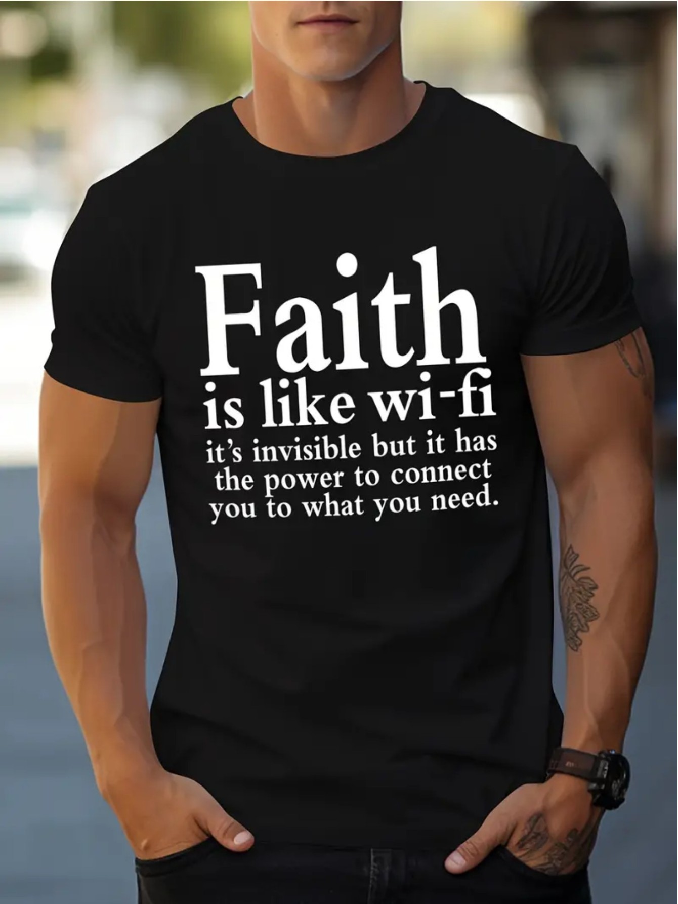thumbnail image 1 of Faith Wi-Fi Graphic T-Shirt for Men - Soft Casual Tee with Inspirational Slogan, Comfortable Loose Fit Short Sleeve Shirt for Casual Attire, 1 of 5