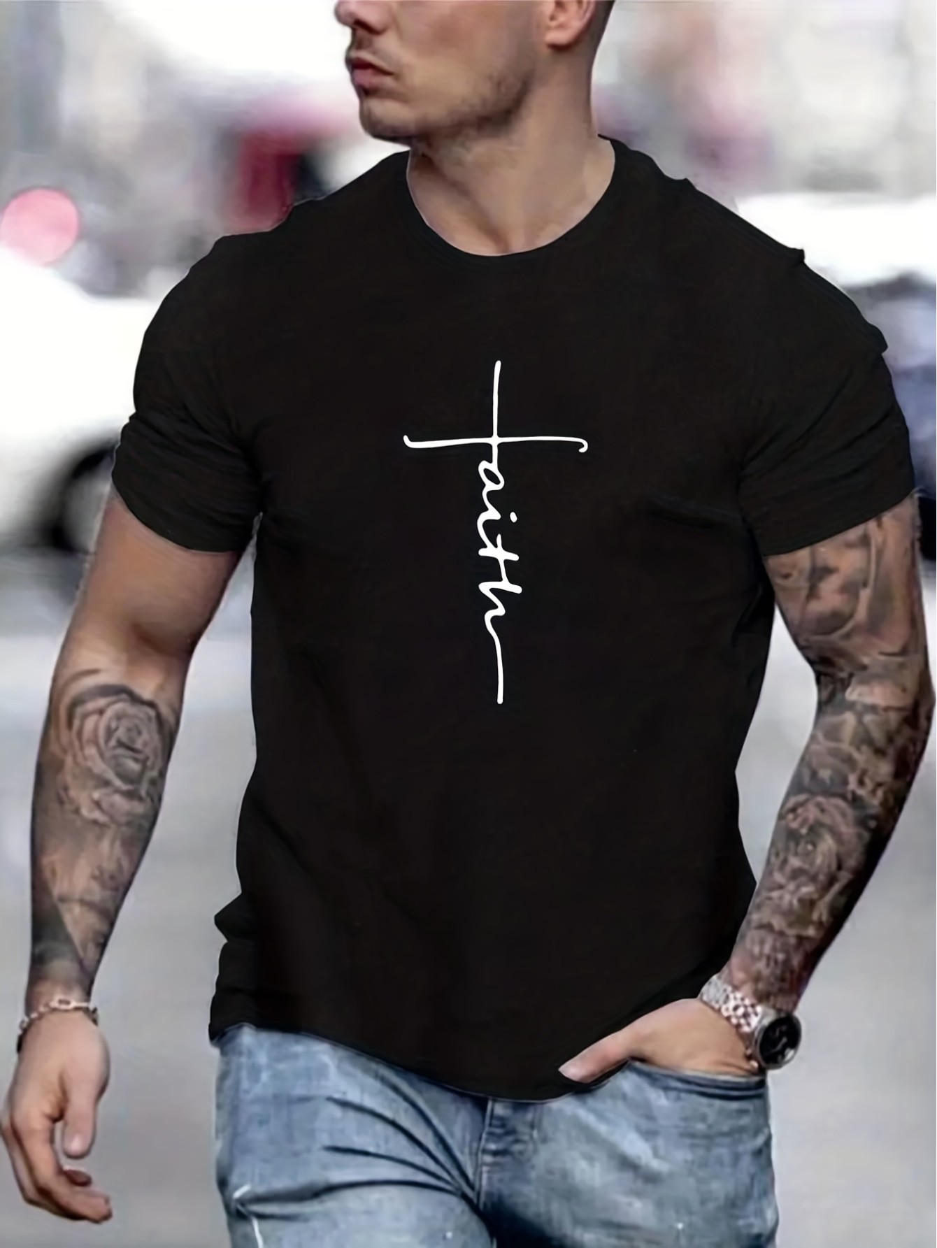 thumbnail image 1 of [Faith Letter Applique Tee] Comfortable Faith Letter Applique Men's T-Shirt , Crew Neck, Summer Casual, 1 of 7