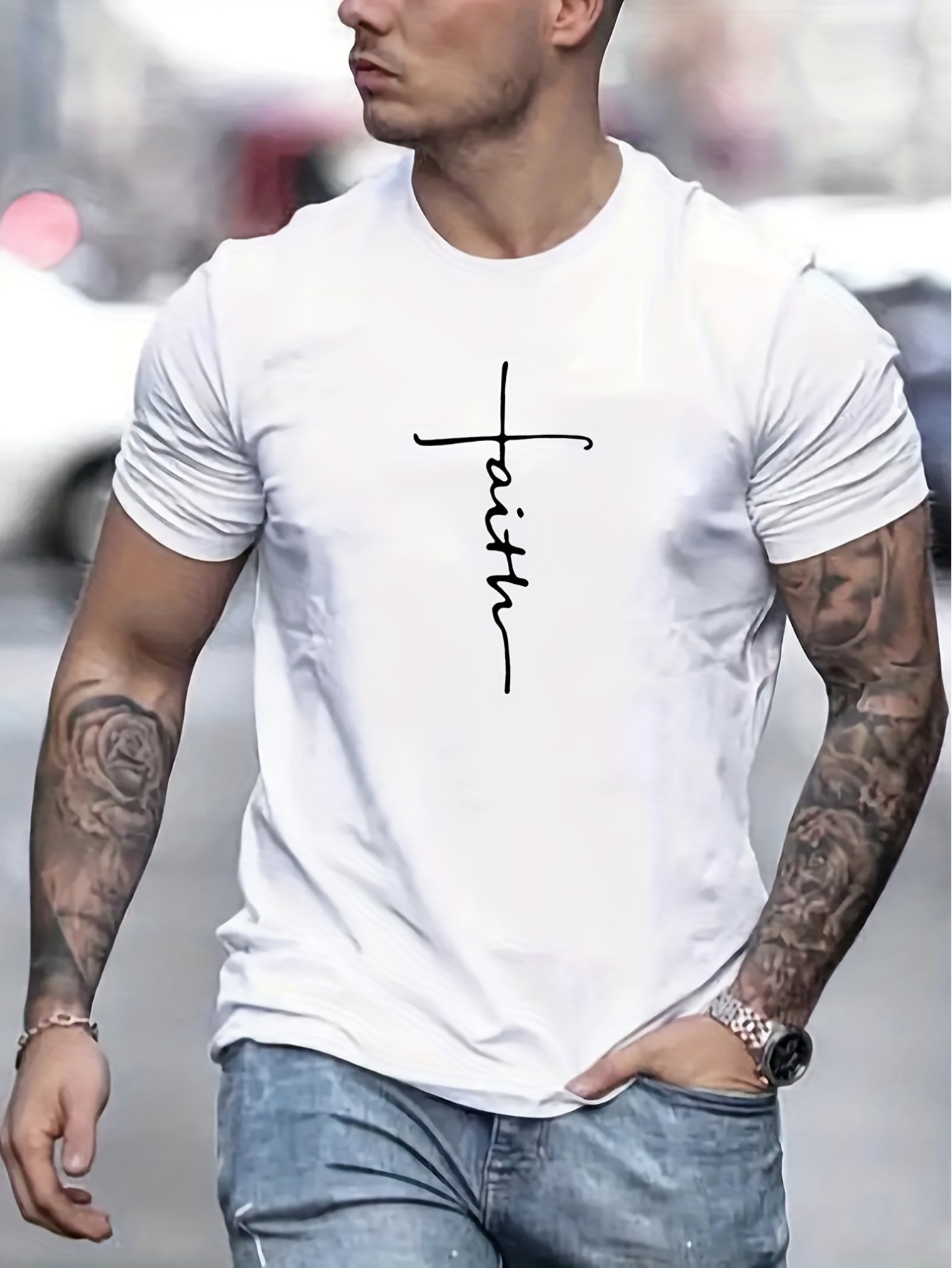 thumbnail image 2 of [Faith Letter Applique Tee] Comfortable Faith Letter Applique Men's T-Shirt , Crew Neck, Summer Casual, 2 of 7