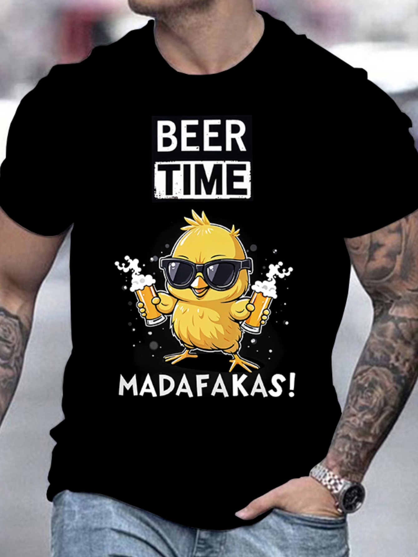 Men's Casual "Beer Time" Chicken Graphic T-Shirt , Round Neck, Short Sleeve, Summer Tee with Fun Animal Print, Chicken Shirt
