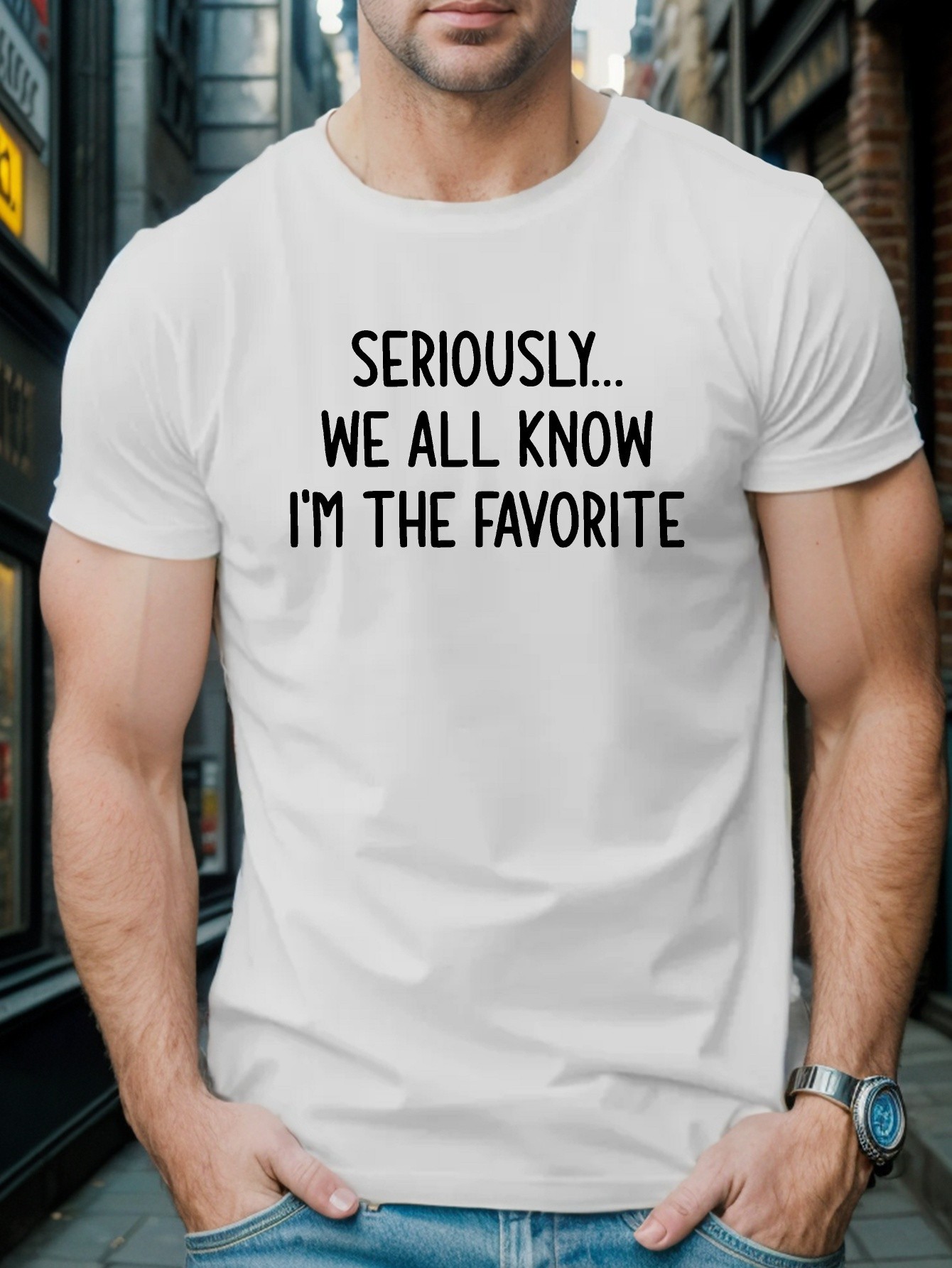 thumbnail image 1 of Men'ST-Shirt with "Seriously... We All Know I'm The Favorite" Print - Casual Crew Neck, Slight Stretch, All-Season Short Sleeve Tee, Regular Fit, 1 of 5