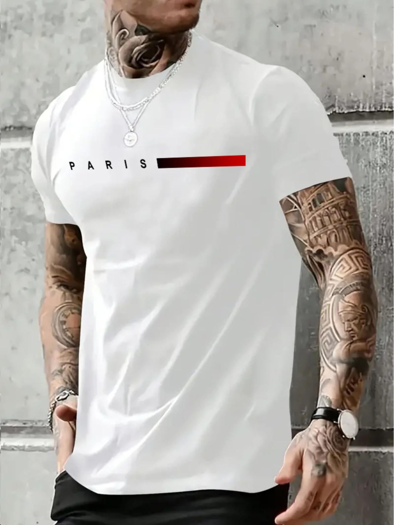 Men'S Casual Crew Neck T-Shirt, Paris Print, Slight Stretch, Regular Fit, Summer Top