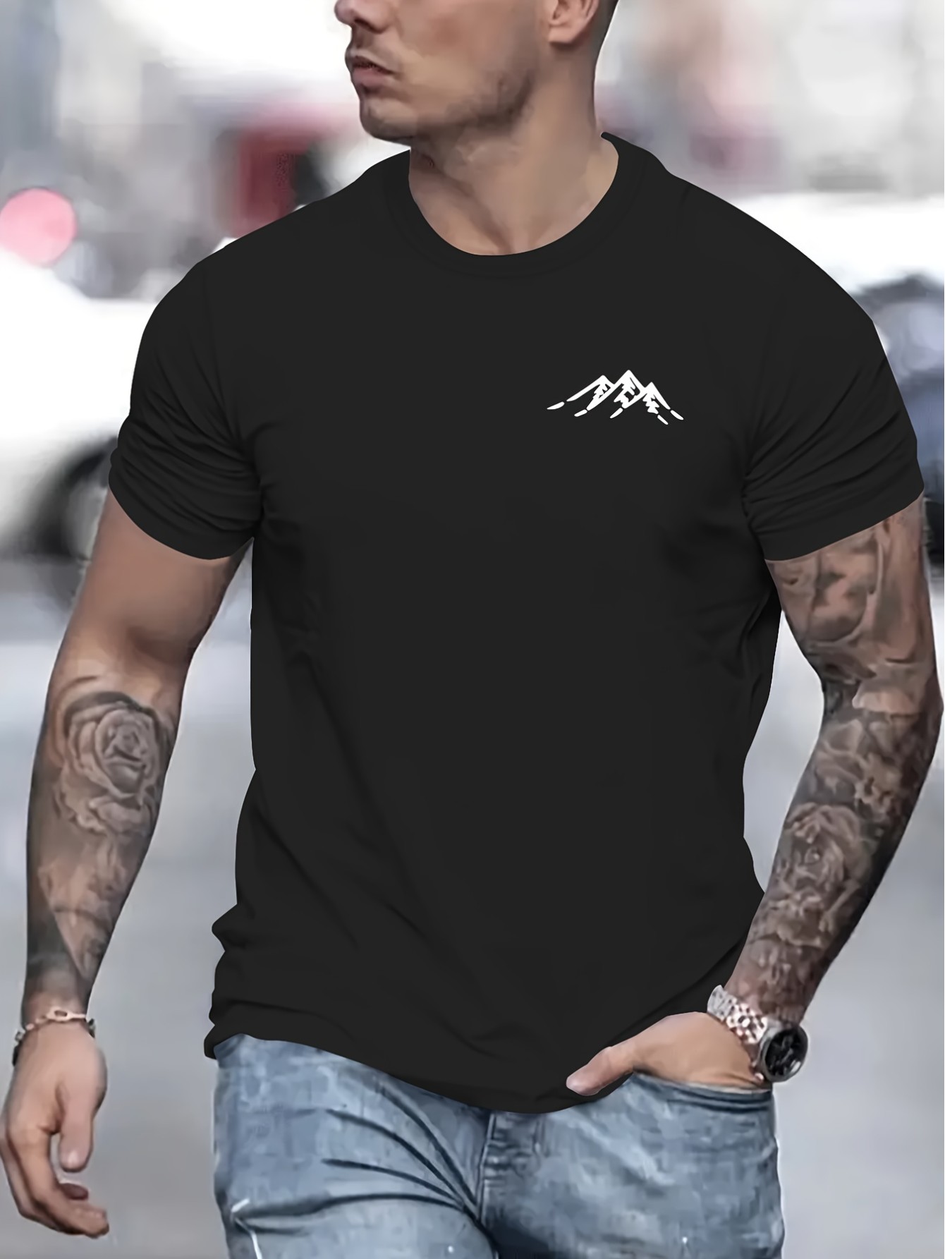 thumbnail image 1 of Mountain Creative Print Casual Novelty T-Shirt For Men, Short Sleeve Summer& Spring Top, Comfort Fit, Stylish Streetwear Crew Neck Tee For Daily Wear, 1 of 5