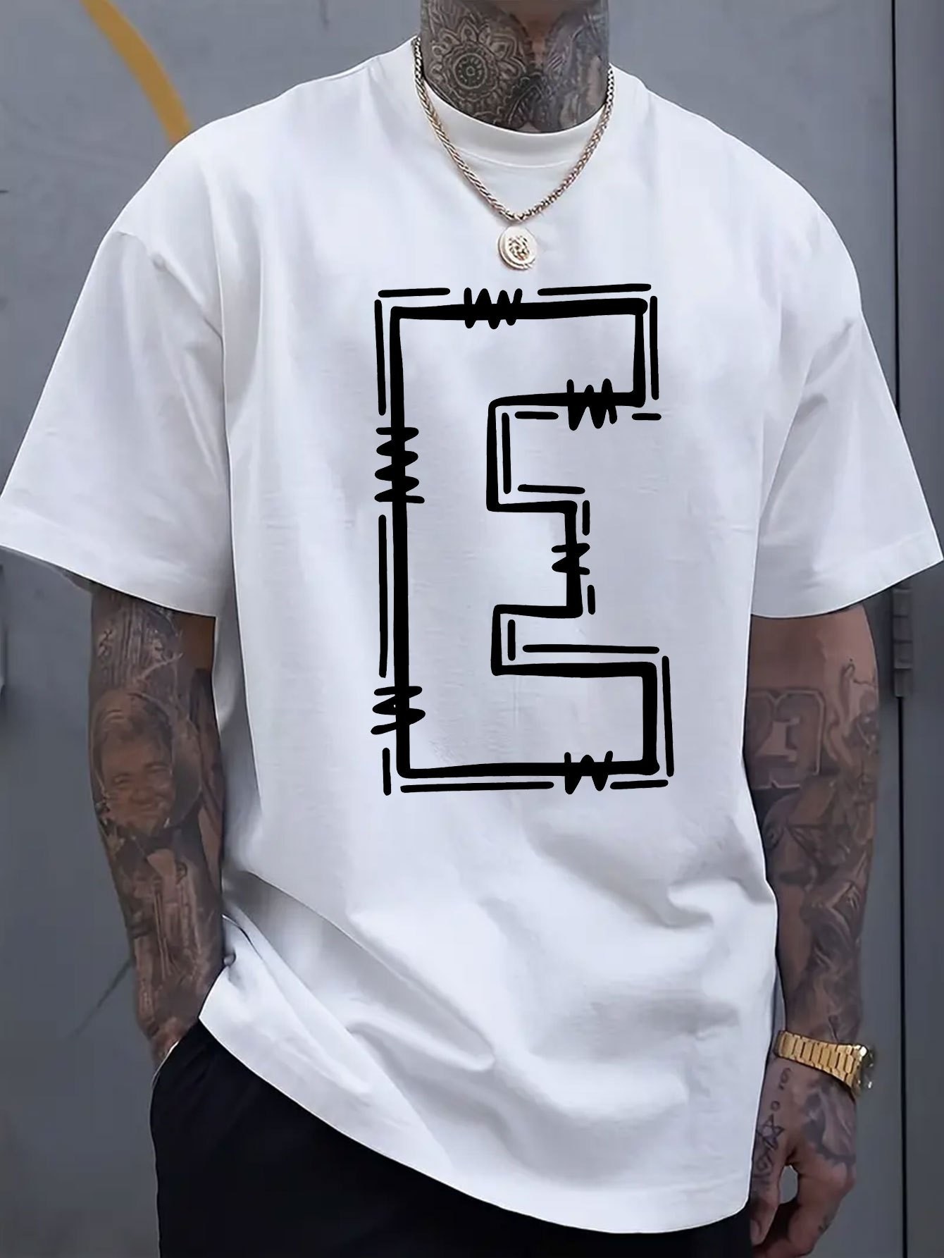 thumbnail image 2 of Simple and stylish E-letter printed men's round neck short sleeved T-shirt, comfortable and breathable casual sports top suitable for spring and summer vacation leisure, 2 of 8