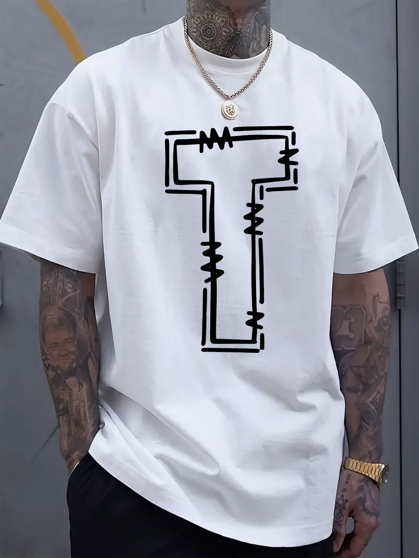 thumbnail image 2 of Simple and stylish T-letter printed men's round neck short sleeved T-shirt, comfortable and breathable casual sports top suitable for spring and summer vacation leisure, 2 of 8