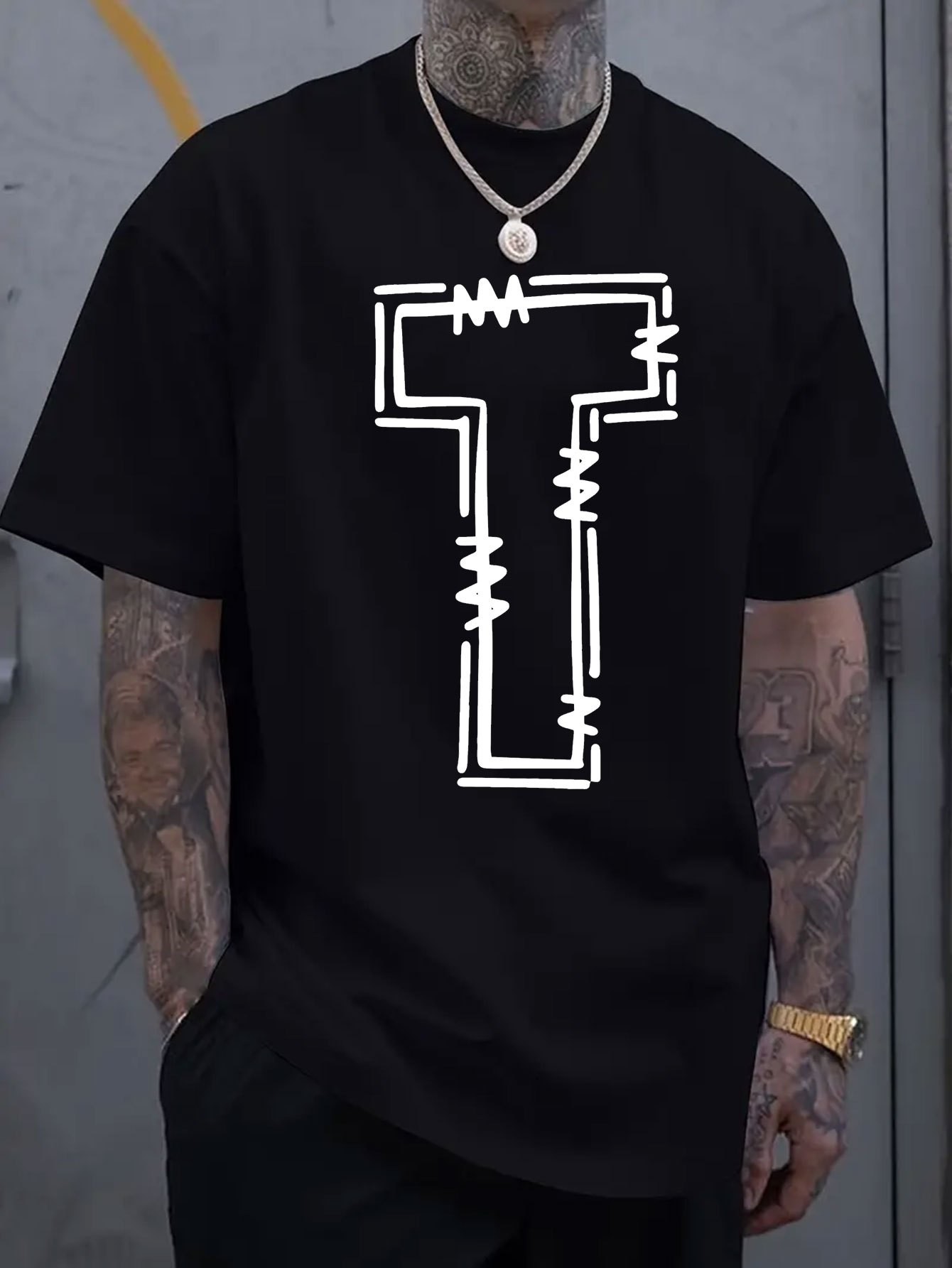 thumbnail image 1 of Simple and stylish T-letter printed men's round neck short sleeved T-shirt, comfortable and breathable casual sports top suitable for spring and summer vacation leisure, 1 of 8