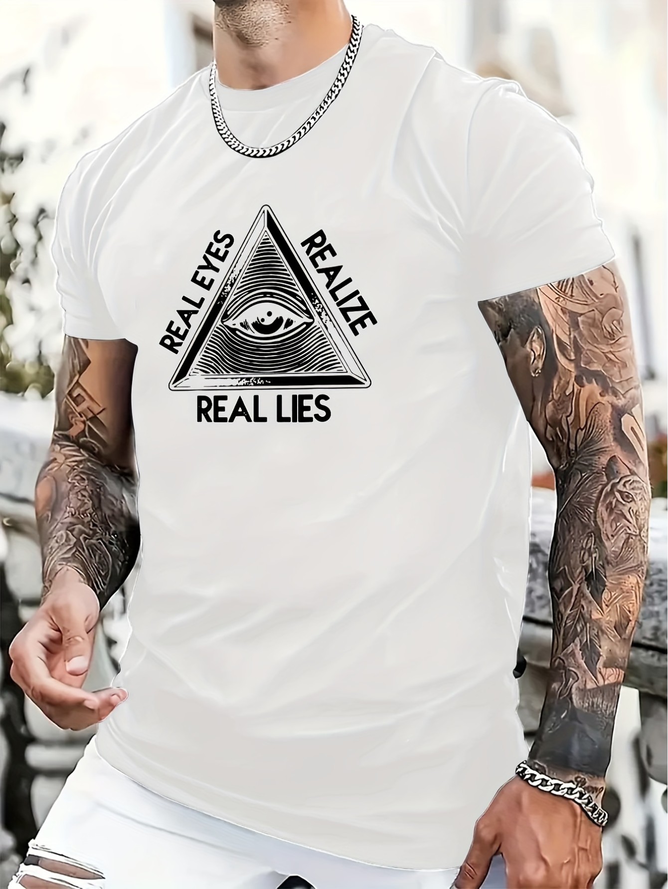 thumbnail image 1 of 100% Cotton "Realize the true lies" Letter Pattern Printing Casual Novel Men's Short-Sleeved Summer T-Shirt, Comfortable Fit, Fashionable Street Style Round Neck, 1 of 8