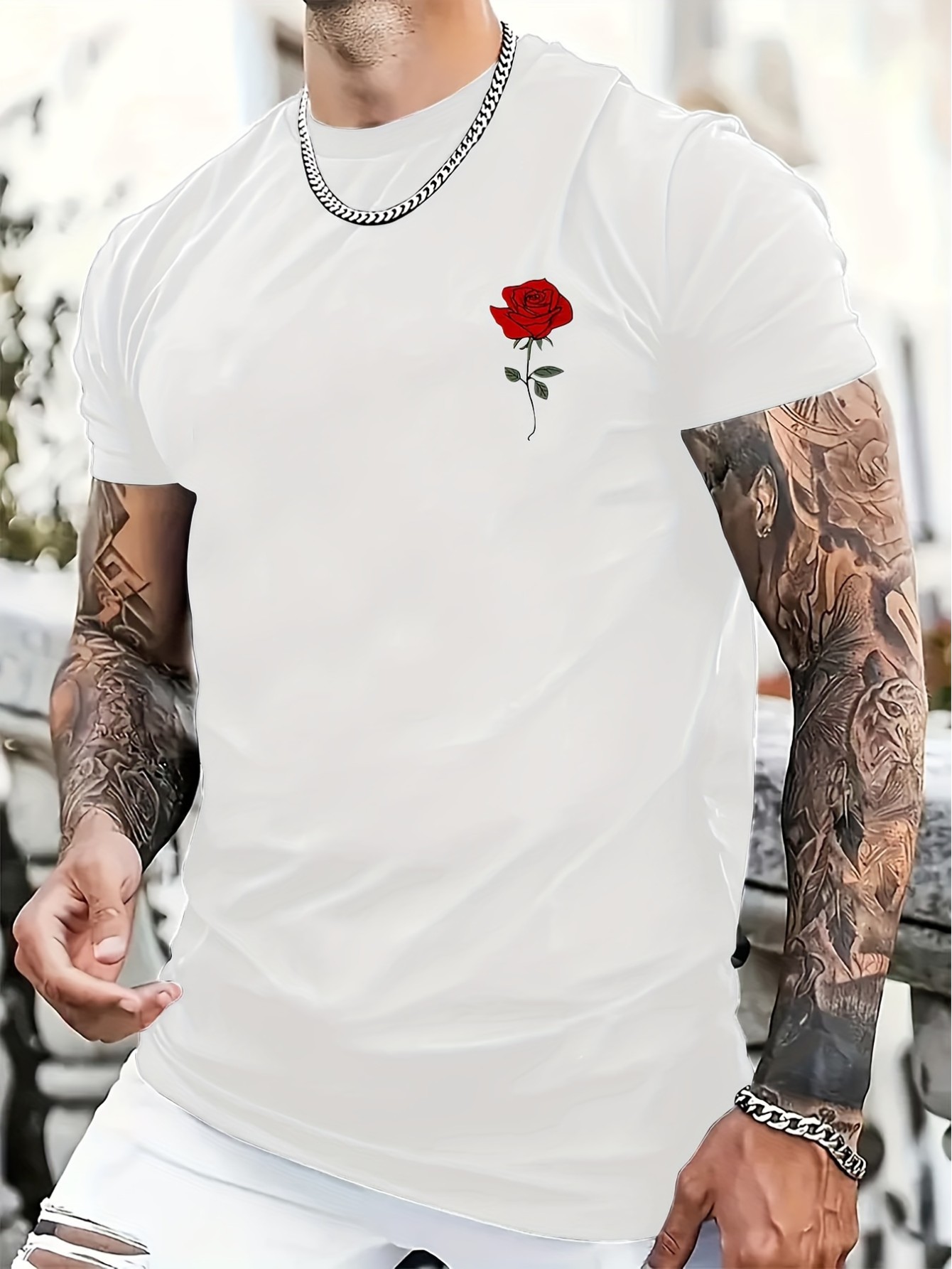 thumbnail image 1 of Shoulder "Rose" Pattern Printing 100% Cotton Casual Novel Men's T-shirt, Short-sleeved Summer Shirt, Comfortable Fit, Fashionable Street Style Round Neck T-shirt, Suitable For Daily And Outdoor., 1 of 8