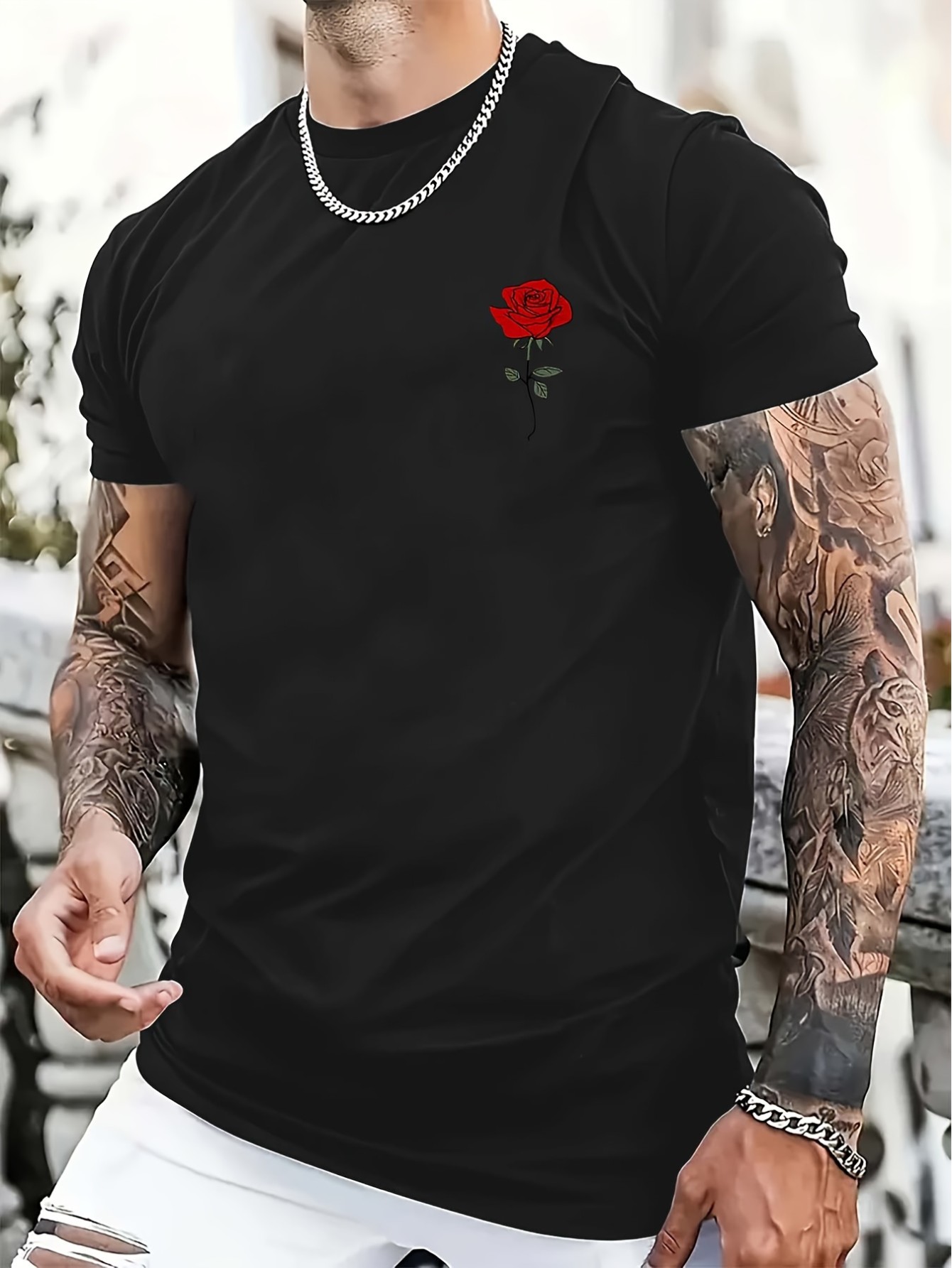 thumbnail image 2 of Shoulder "Rose" Pattern Printing 100% Cotton Casual Novel Men's T-shirt, Short-sleeved Summer Shirt, Comfortable Fit, Fashionable Street Style Round Neck T-shirt, Suitable For Daily And Outdoor., 2 of 8