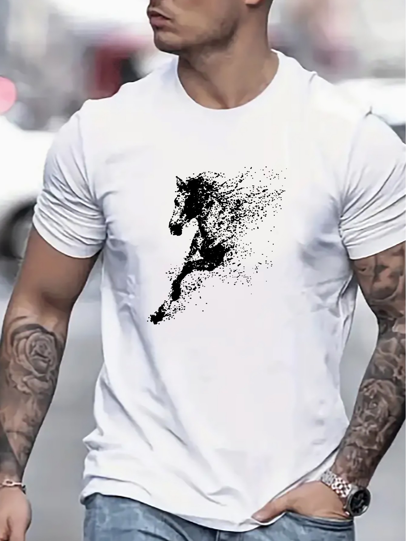 Summer Fashion Horse Creative Print Crew Neck Short Sleeve Top - Men's Casual T-Shirts - Modern Streetwear Style, Comfortable, Breathable, Soft, Relaxed Fit, Perfect for Outdoor Activities