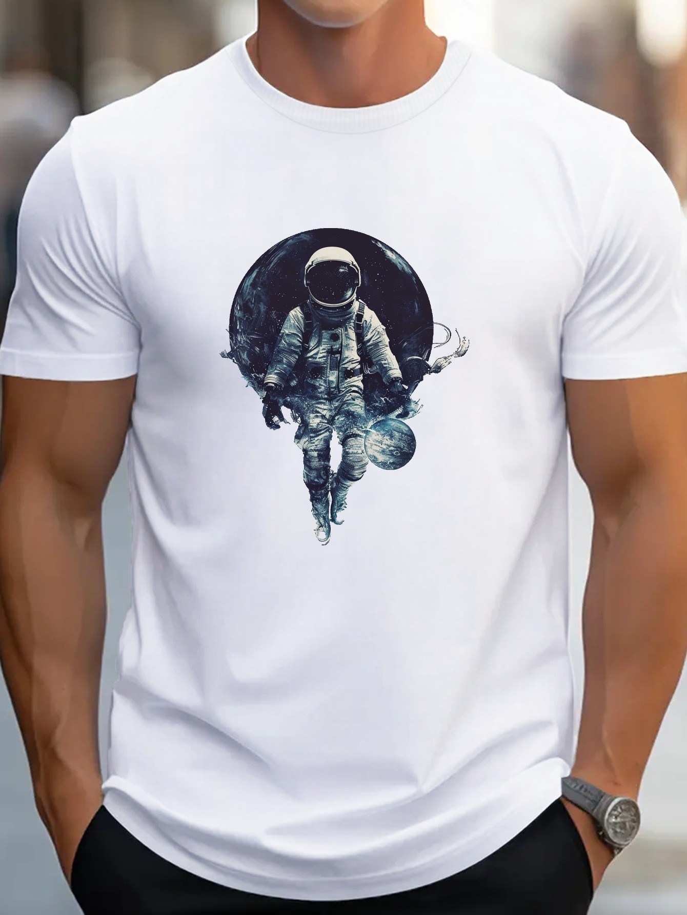 thumbnail image 2 of Astronaut Embracing Planet Art G500 pure cotton men's T-shirt comfort fit, 2 of 7