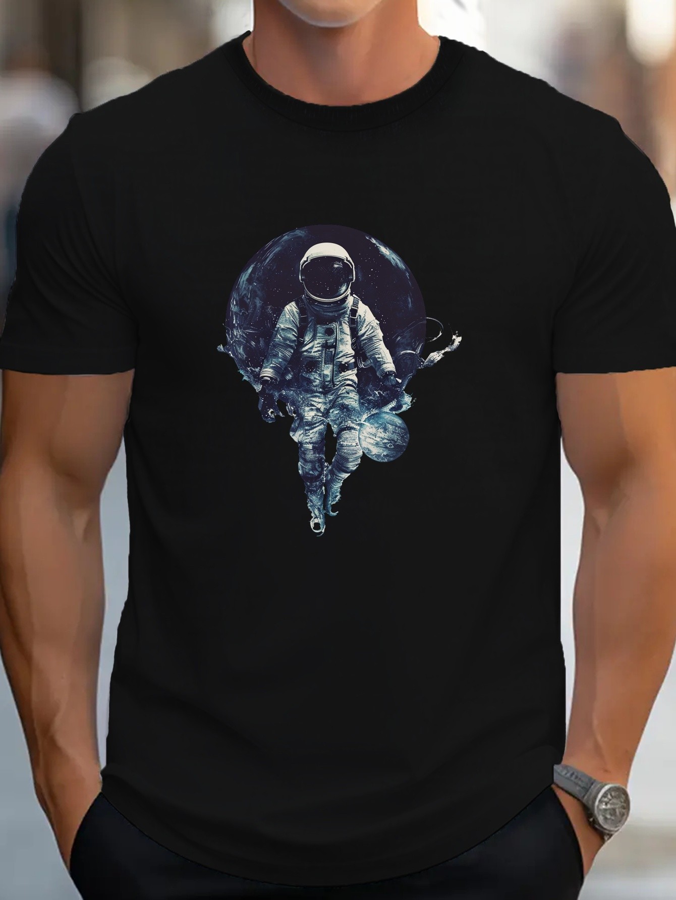 thumbnail image 1 of Astronaut Embracing Planet Art G500 pure cotton men's T-shirt comfort fit, 1 of 7