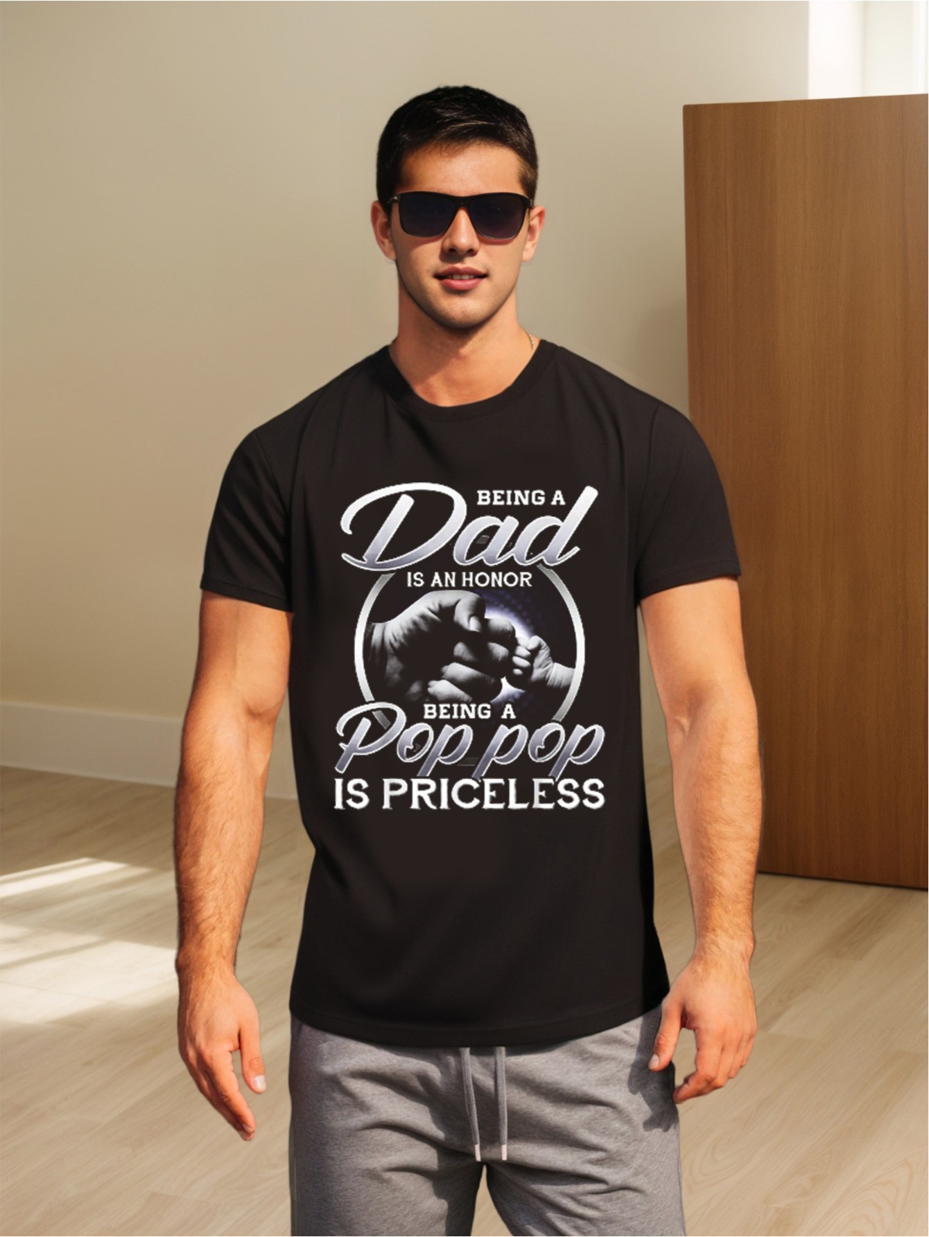 thumbnail image 1 of [Fathers Day Cotton Casual T-Shirt] Being Dad Is An Honor Being Pop Pop Is Priceless Fathers Day T-Shirt Men's Casual Round Neck Short Sleeved Fashion Comfortable Cotton Versatile Daily Wear, 1 of 6