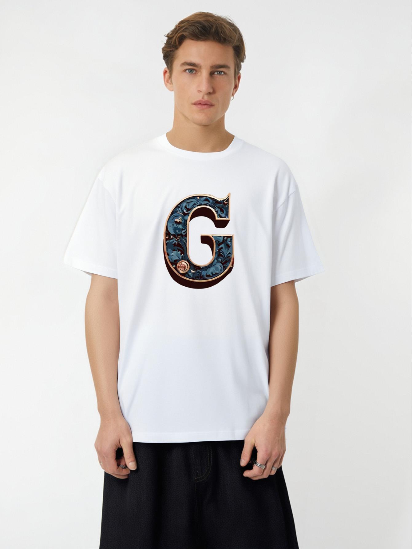 thumbnail image 1 of Men'S Casual Crew Neck T-Shirt with "G" Letter Print, Slight Stretch, Regular Fit, Summer Short Sleeve Top, Fashionable & Versatile, 1 of 7