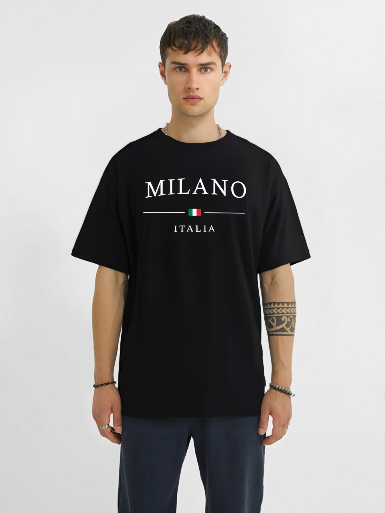 thumbnail image 1 of Milano, Italy" Graphic Men's T-Shirt - Casual Summer Tee with Crew Neck, Machine Washable, Letter Pattern, Sports Casual Style, 1 of 7