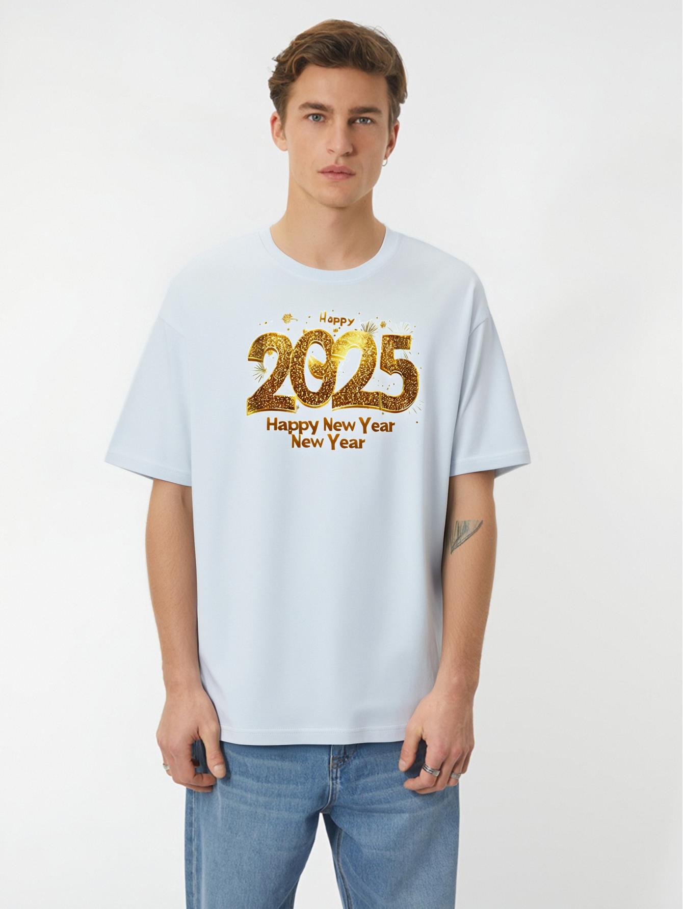thumbnail image 1 of 2025 Happy New Year Celebration Men's T-Shirt - Gradient & Fireworks Print, Casual Summer Tee with Crew Neck - Perfect Gift Idea, 1 of 6