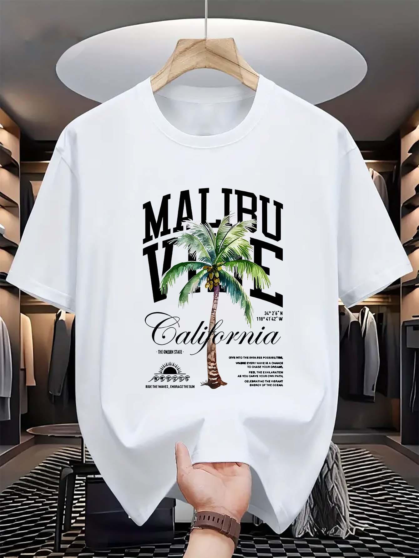 thumbnail image 2 of Men'S Casual Crew Neck T-Shirt with Malibu California Palm Tree Print, Slight Stretch, Regular Fit, Summer Short-Sleeve Top, Fashionable Daily Wear, 2 of 8