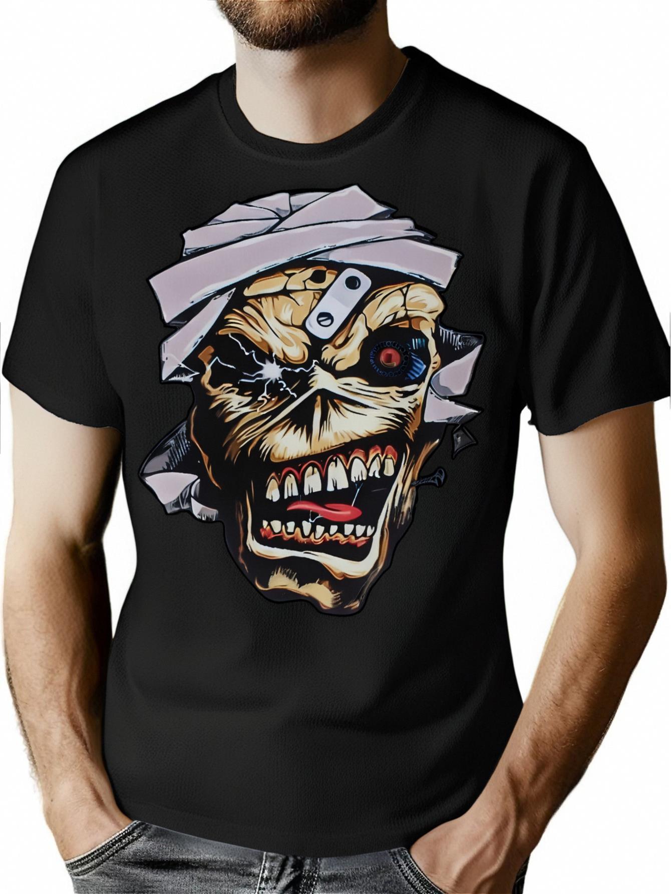 thumbnail image 1 of T-Shirt Vintage pour Homme avec Graphique d'Horreur - Polyester Noir, Manches Courtes, Col Rond, Lavable en Machine, Imprimé de Crâne d'Humour Noir, Cadeau d'Été Idéal pour Lui, 1 of 6