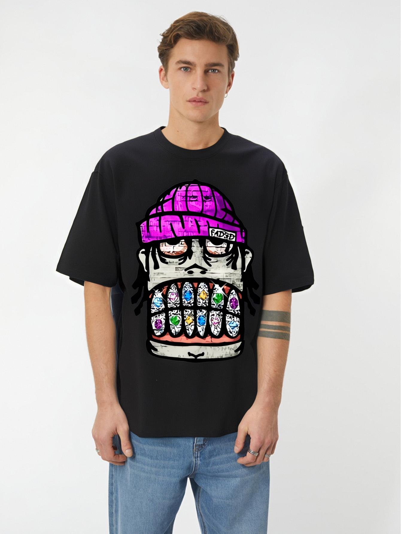 thumbnail image 1 of Men's Trendy Retro Hip Hop Street Casual T-Shirt, Pattern Print, Weight 100% Cotton High Quality Comfortable Versatile Soft Breathable Summer Short Sleeve Tops 220g Tee For Adult, Men, Women, Teen, T, 1 of 7