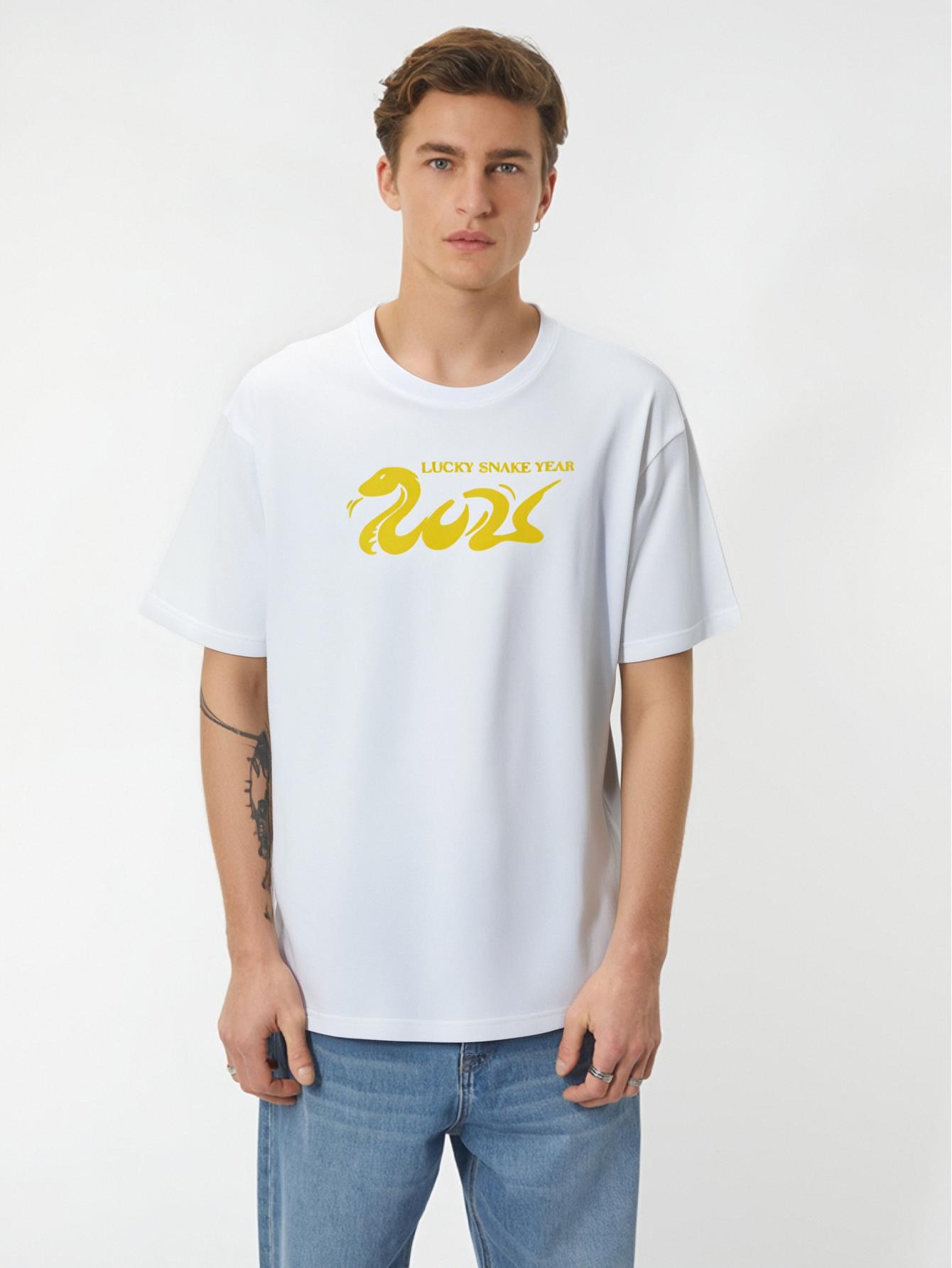 Durable | Like Shake Hands" Snake Print Men's T-Shirt -Comfortable Short Sleeve Crew Neck, Ideal Summer Gift