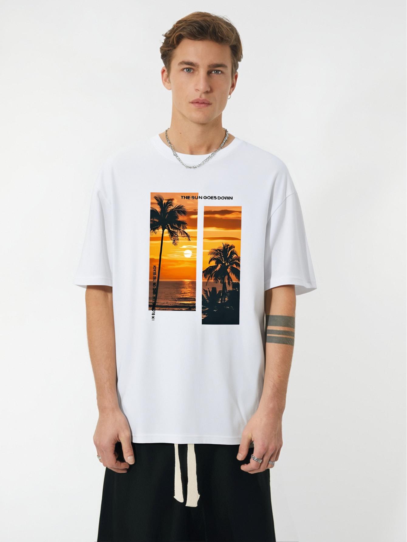 thumbnail image 1 of Letters, Sunset Patterns Print Men's Fashion Comfy Breathable T-Shirt New Casual Top Round Neck Short Sleeve Tee for Spring Summer Holiday Leisure Vacation, 1 of 6