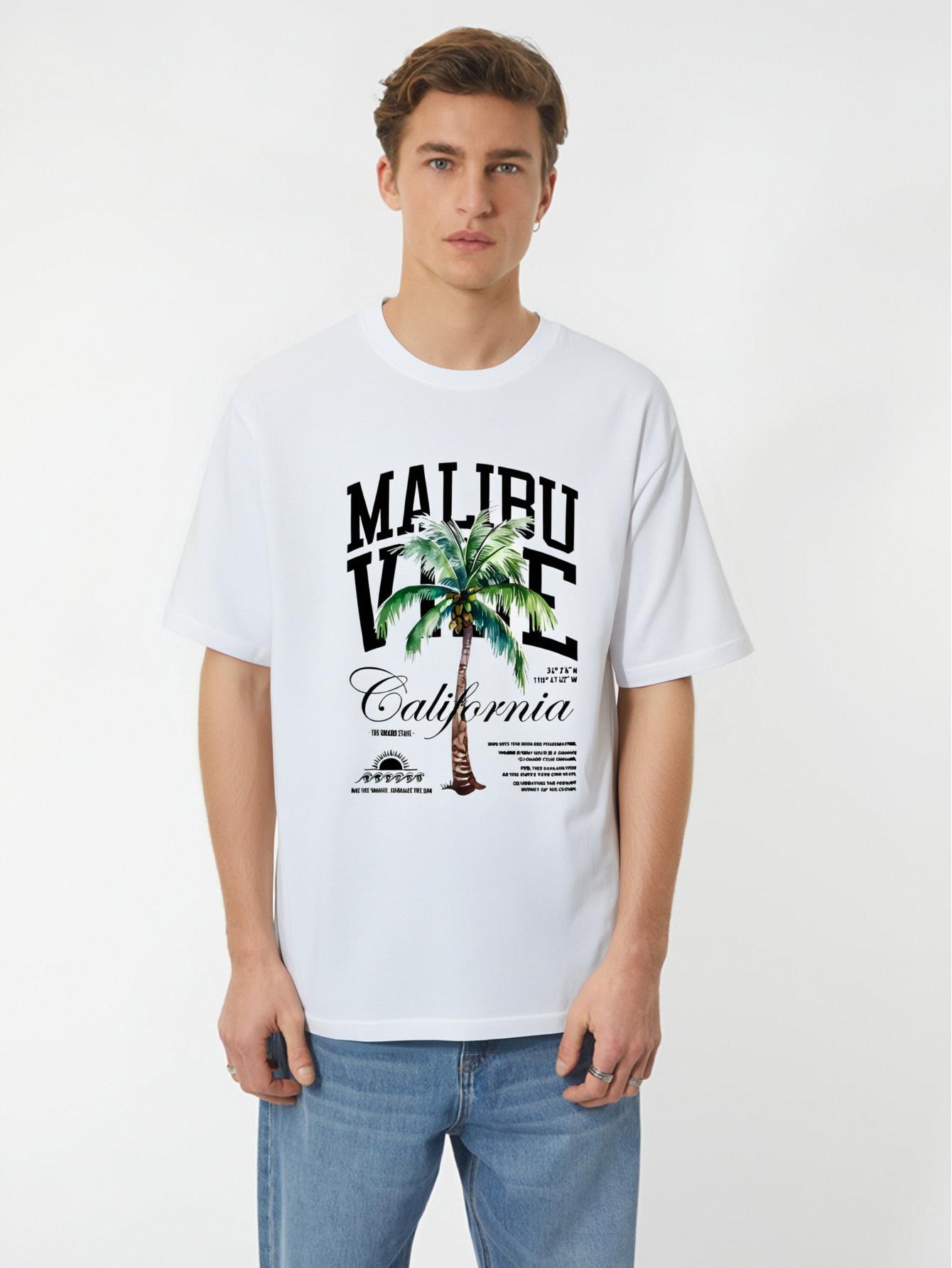 thumbnail image 1 of Men'S Casual Crew Neck T-Shirt with Malibu California Palm Tree Print, Slight Stretch, Regular Fit, Summer Short-Sleeve Top, Fashionable Daily Wear, 1 of 8