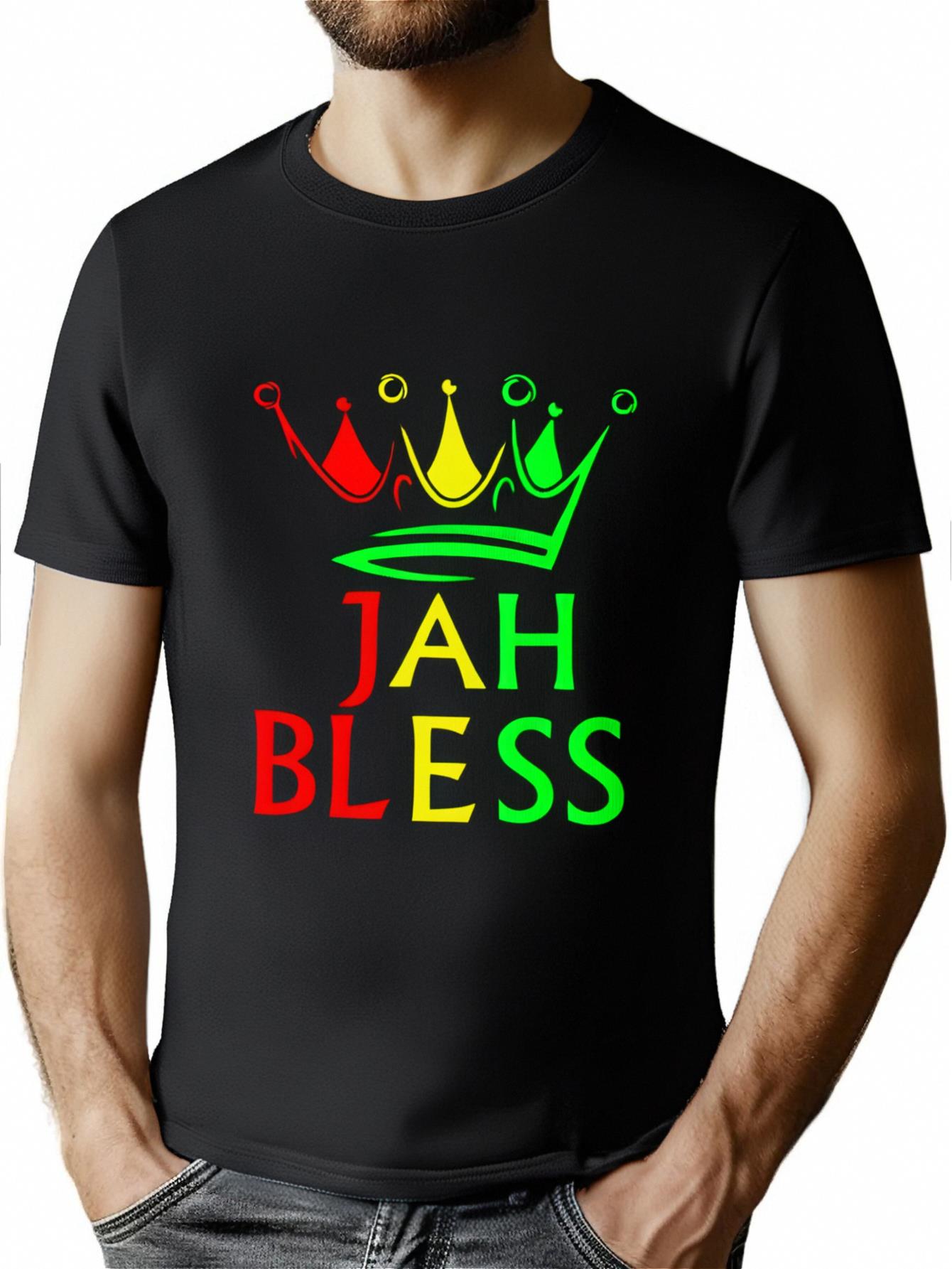JAH BLESS Creative Crown Graphic Print Men's Fashion Trend Crew-neck T-shirt, Comfy And Simple Fit, Versatile Outdoor Top For Daily Wear