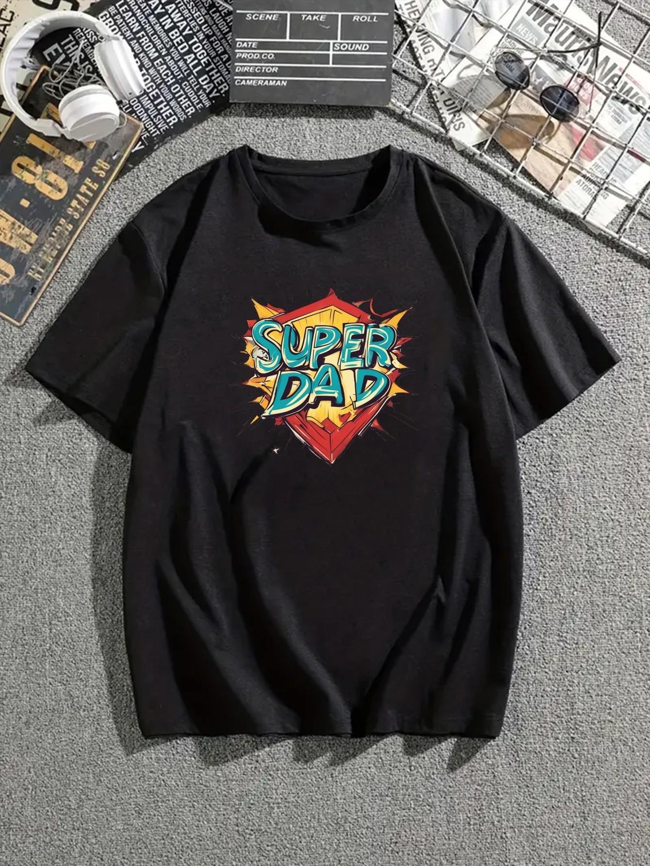 thumbnail image 2 of Super Dad Print, Men's Trendy Comfy T-shirt, Casual Slightly Stretch Breathable Tee For Outdoor, 2 of 6