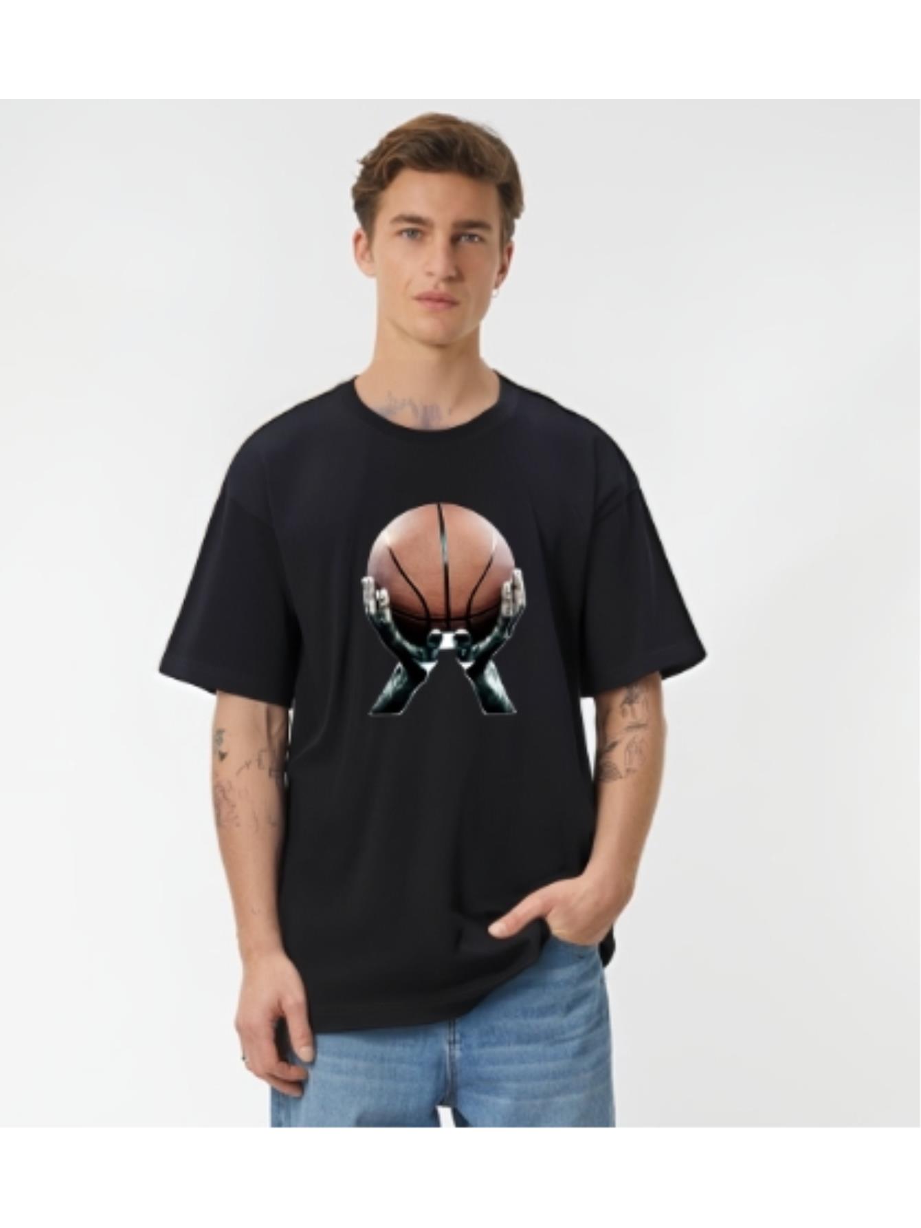 thumbnail image 1 of Men's Summer Casual T-Shirt with Basketball Print - Round Neck, Short Sleeve - Perfect for Daily Wear & Sports, 1 of 7