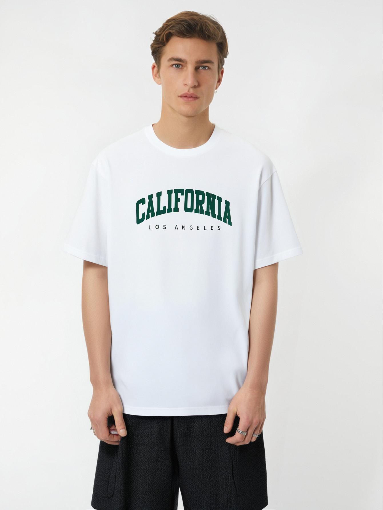 Men'S Casual Crew Neck T-Shirt with "California, Los Angeles" Print, Slight Stretch, Regular Fit, Fashionable Summer Top for Sports and Leisure - 180gsm