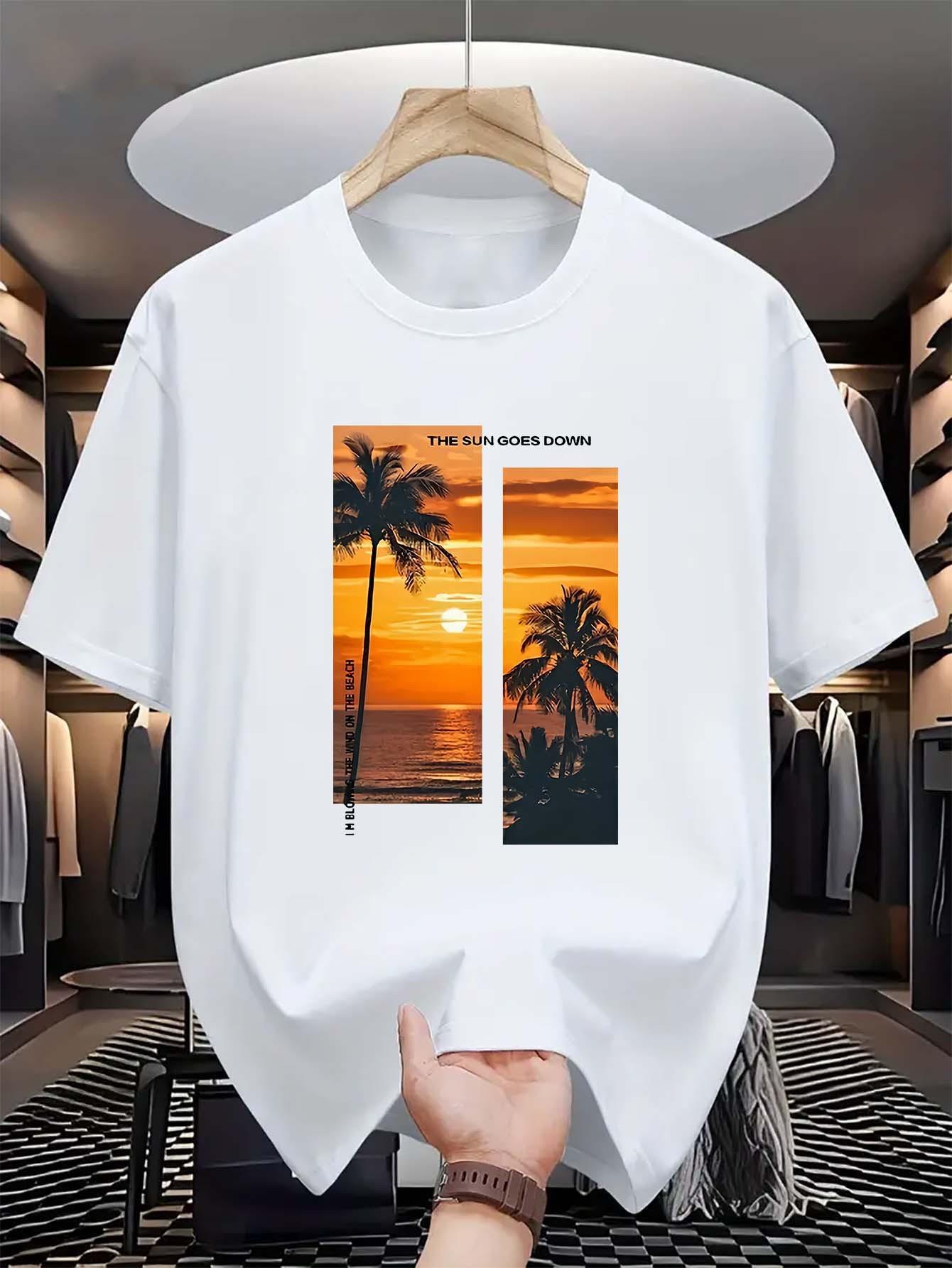 thumbnail image 2 of Letters, Sunset Patterns Print Men's Fashion Comfy Breathable T-Shirt New Casual Top Round Neck Short Sleeve Tee for Spring Summer Holiday Leisure Vacation, 2 of 6